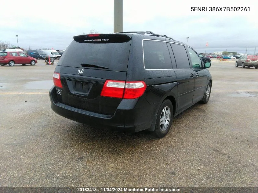 2007 Honda Odyssey Ex-L VIN: 5FNRL386X7B502261 Lot: 20183418