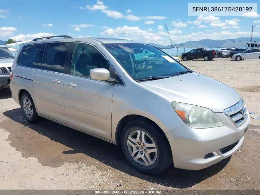 2007 Honda Odyssey Ex-L VIN: 5FNRL38617B420192 Lot: 39682606