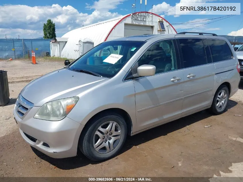 2007 Honda Odyssey Ex-L VIN: 5FNRL38617B420192 Lot: 39682606