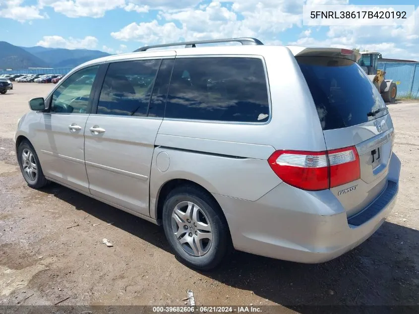 2007 Honda Odyssey Ex-L VIN: 5FNRL38617B420192 Lot: 39682606