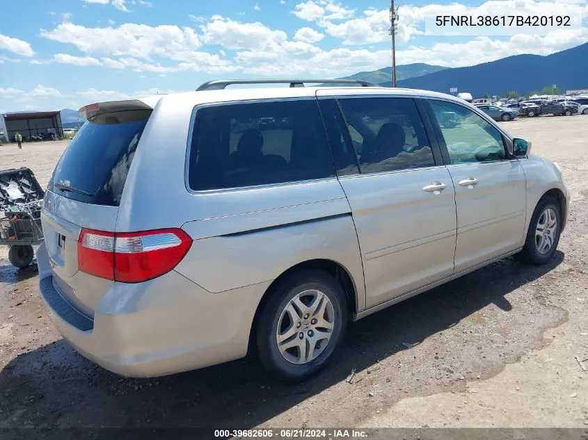 2007 Honda Odyssey Ex-L VIN: 5FNRL38617B420192 Lot: 39682606