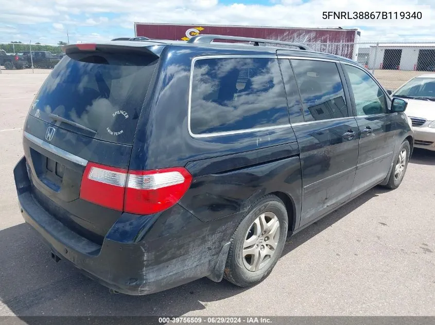 2007 Honda Odyssey Touring VIN: 5FNRL38867B119340 Lot: 39756509