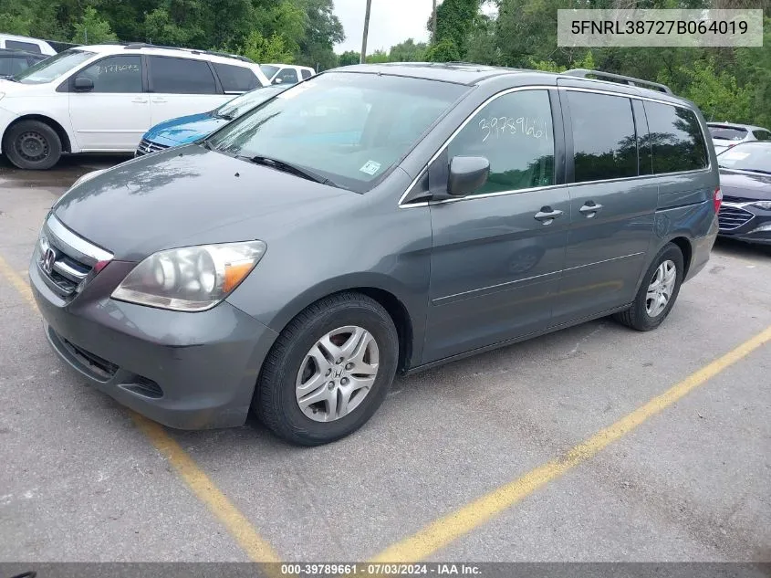 2007 Honda Odyssey Ex-L VIN: 5FNRL38727B064019 Lot: 39789661