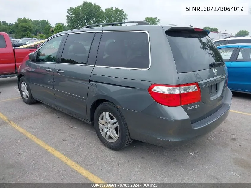 2007 Honda Odyssey Ex-L VIN: 5FNRL38727B064019 Lot: 39789661