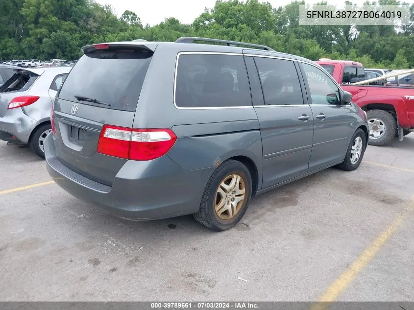 2007 Honda Odyssey Ex-L VIN: 5FNRL38727B064019 Lot: 39789661