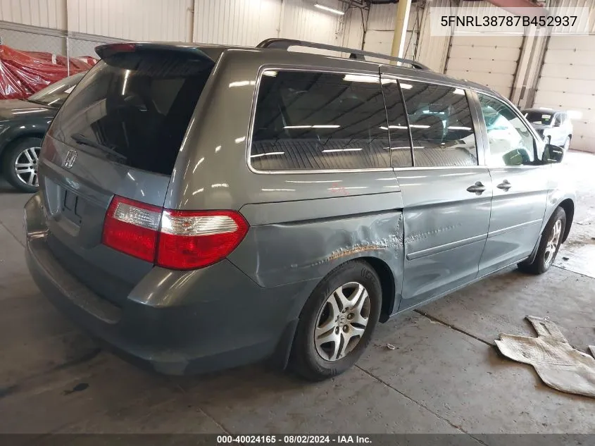 2007 Honda Odyssey Ex-L VIN: 5FNRL38787B452937 Lot: 40024165