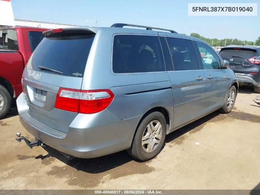 2007 Honda Odyssey Ex-L VIN: 5FNRL387X7B019040 Lot: 40040017