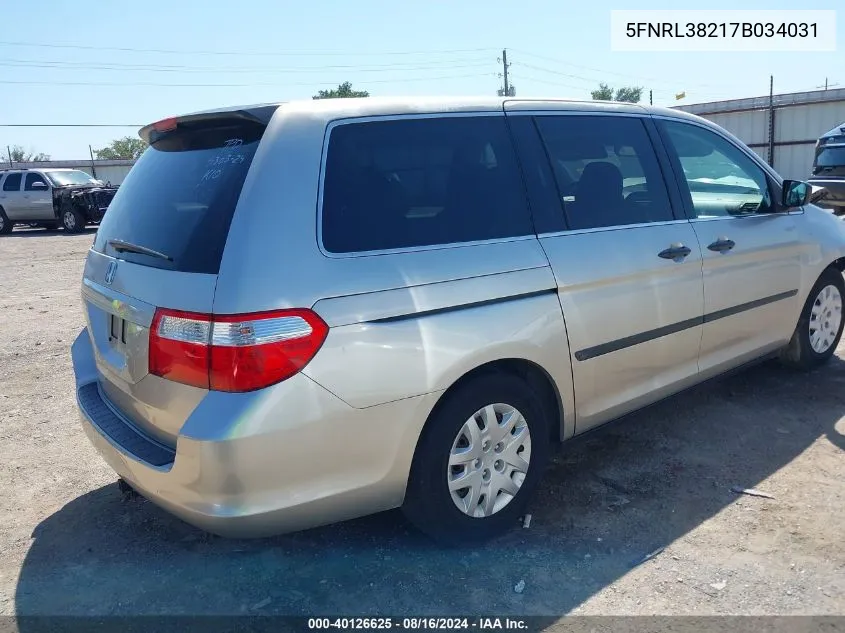 2007 Honda Odyssey Lx VIN: 5FNRL38217B034031 Lot: 40126625