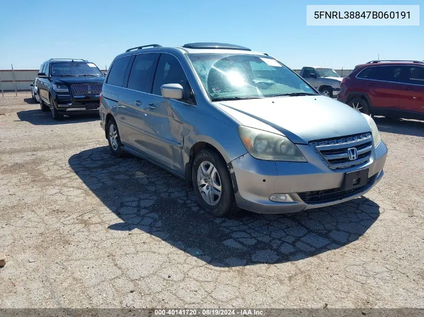 2007 Honda Odyssey Touring VIN: 5FNRL38847B060191 Lot: 40141720