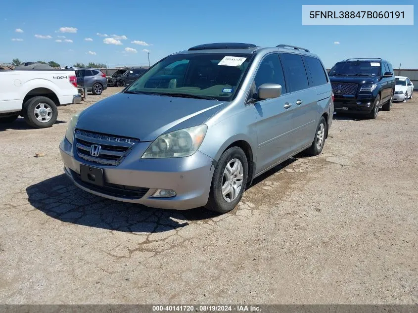 2007 Honda Odyssey Touring VIN: 5FNRL38847B060191 Lot: 40141720