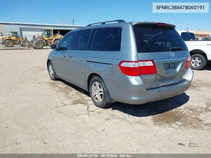 2007 Honda Odyssey Touring VIN: 5FNRL38847B060191 Lot: 40141720