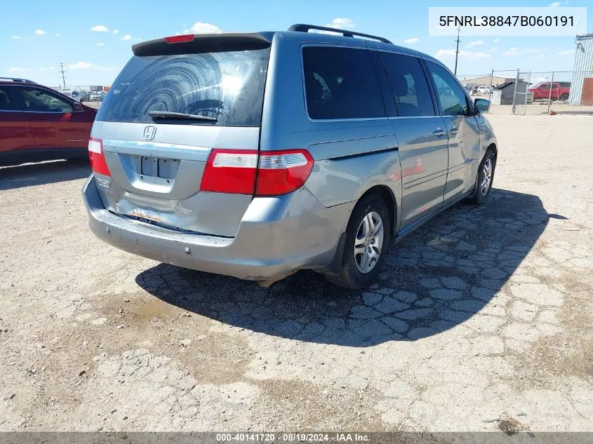 2007 Honda Odyssey Touring VIN: 5FNRL38847B060191 Lot: 40141720