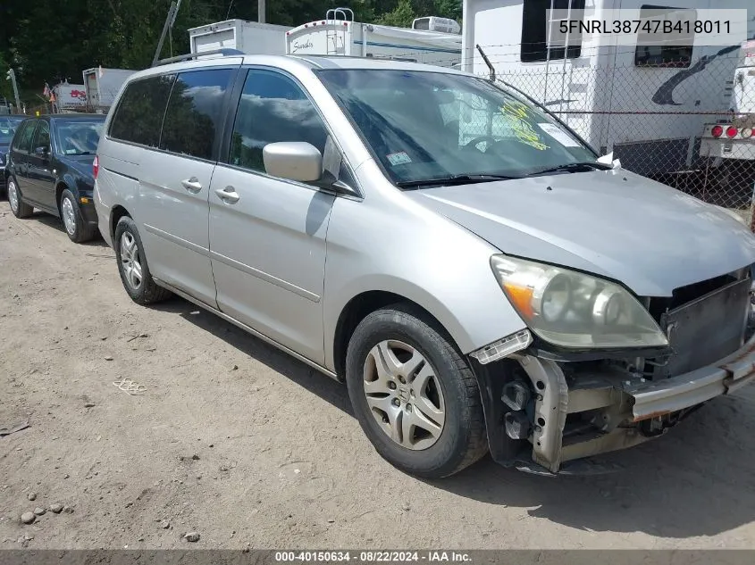 2007 Honda Odyssey Ex-L VIN: 5FNRL38747B418011 Lot: 40150634