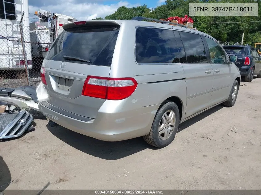 2007 Honda Odyssey Ex-L VIN: 5FNRL38747B418011 Lot: 40150634