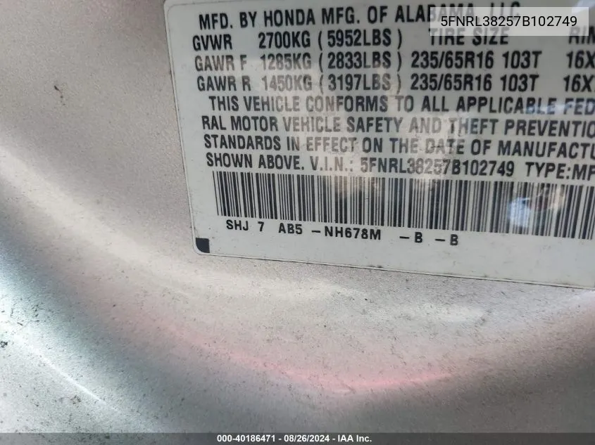 5FNRL38257B102749 2007 Honda Odyssey Lx