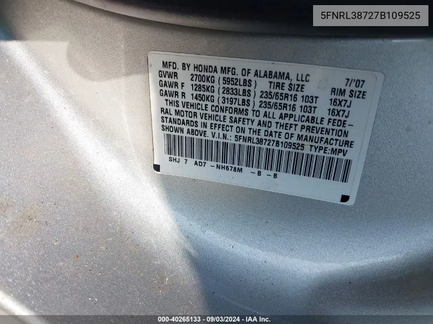 5FNRL38727B109525 2007 Honda Odyssey Ex-L