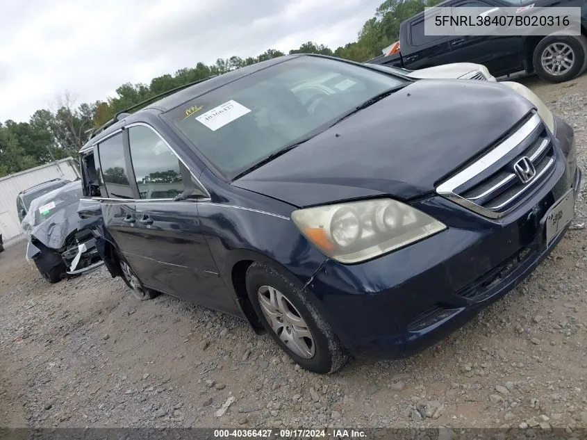 2007 Honda Odyssey Ex VIN: 5FNRL38407B020316 Lot: 40366427