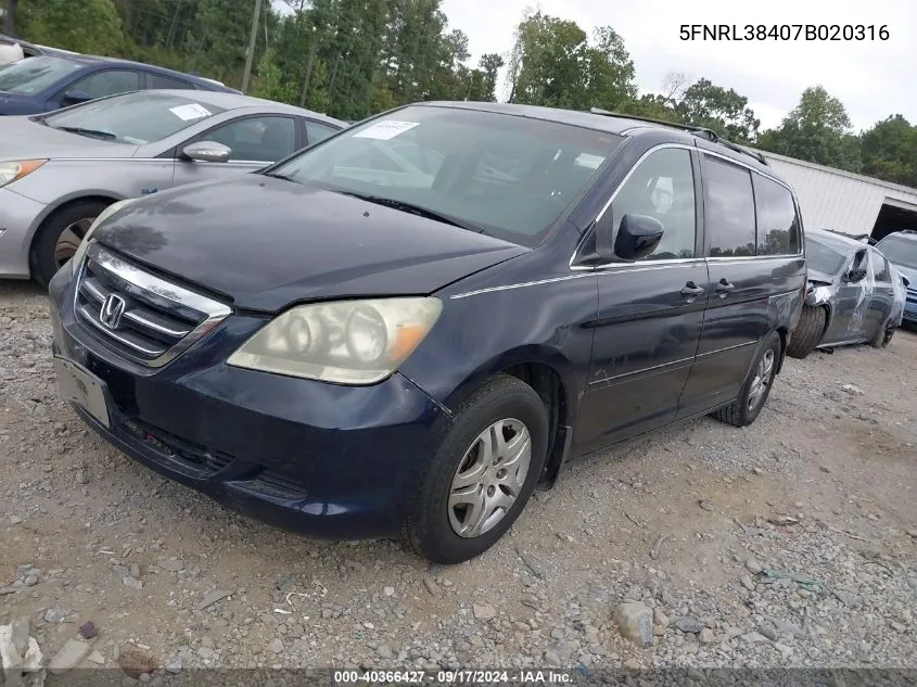 2007 Honda Odyssey Ex VIN: 5FNRL38407B020316 Lot: 40366427