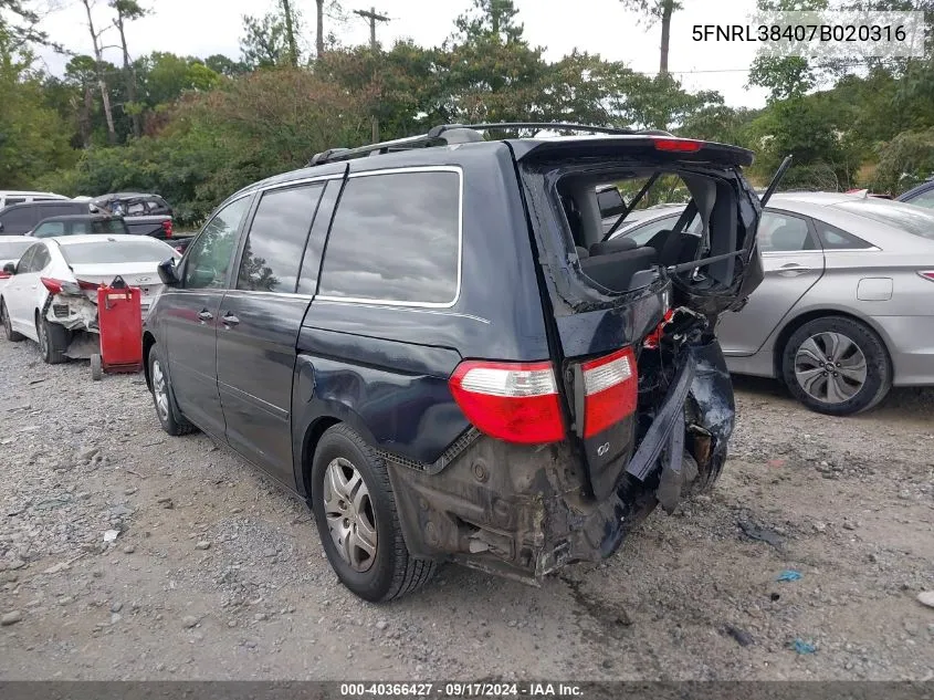 2007 Honda Odyssey Ex VIN: 5FNRL38407B020316 Lot: 40366427