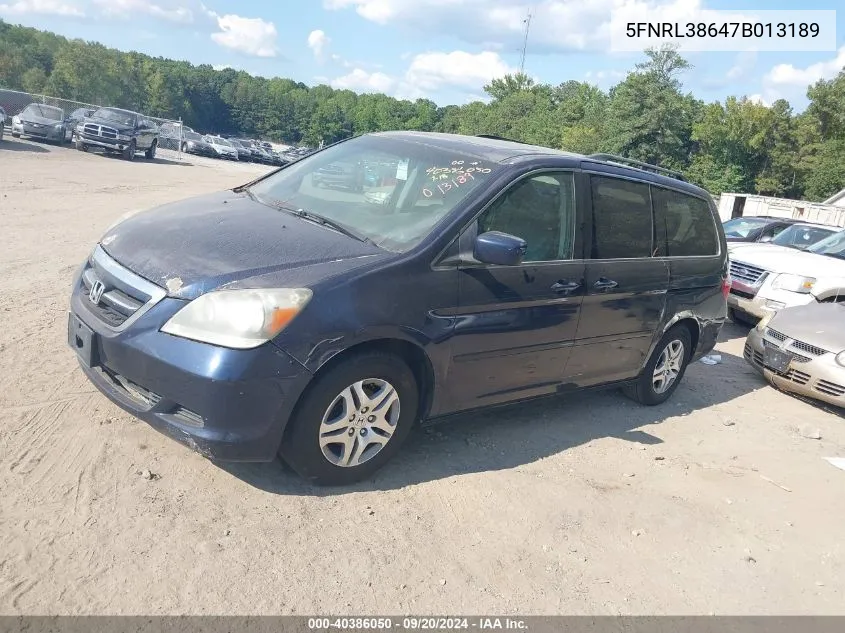 2007 Honda Odyssey Ex-L VIN: 5FNRL38647B013189 Lot: 40386050