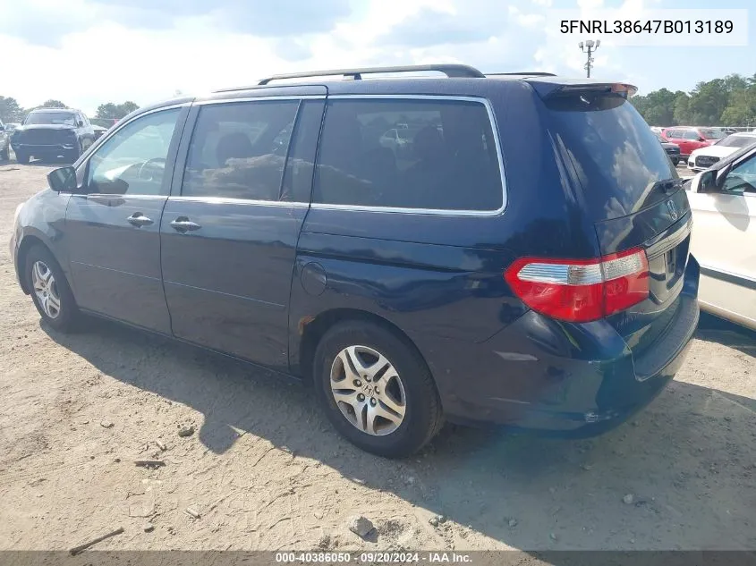 2007 Honda Odyssey Ex-L VIN: 5FNRL38647B013189 Lot: 40386050