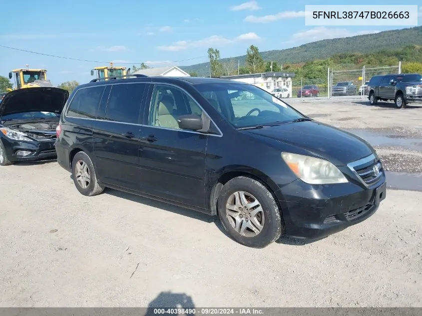 2007 Honda Odyssey Ex-L VIN: 5FNRL38747B026663 Lot: 40398490