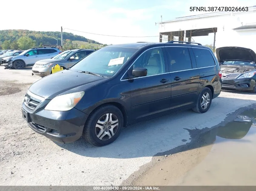 2007 Honda Odyssey Ex-L VIN: 5FNRL38747B026663 Lot: 40398490