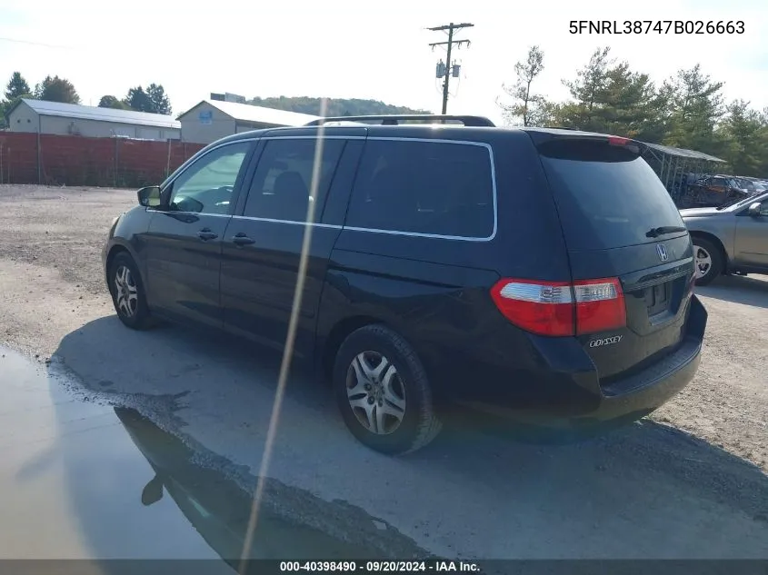 2007 Honda Odyssey Ex-L VIN: 5FNRL38747B026663 Lot: 40398490