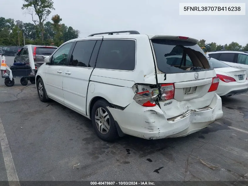 2007 Honda Odyssey Ex-L VIN: 5FNRL38707B416238 Lot: 40478607