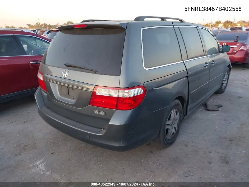 2007 Honda Odyssey Ex VIN: 5FNRL38467B402558 Lot: 40522949