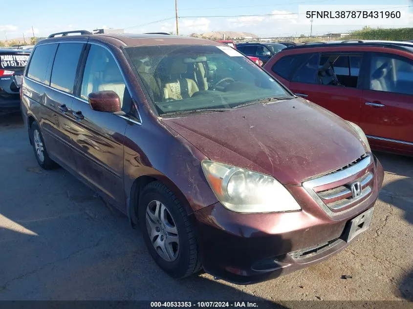 2007 Honda Odyssey Ex-L VIN: 5FNRL38787B431960 Lot: 40533353