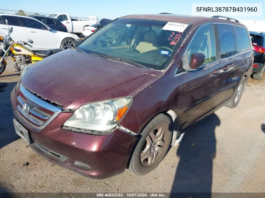 2007 Honda Odyssey Ex-L VIN: 5FNRL38787B431960 Lot: 40533353