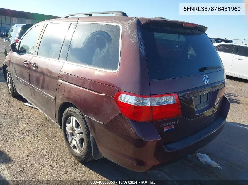 2007 Honda Odyssey Ex-L VIN: 5FNRL38787B431960 Lot: 40533353