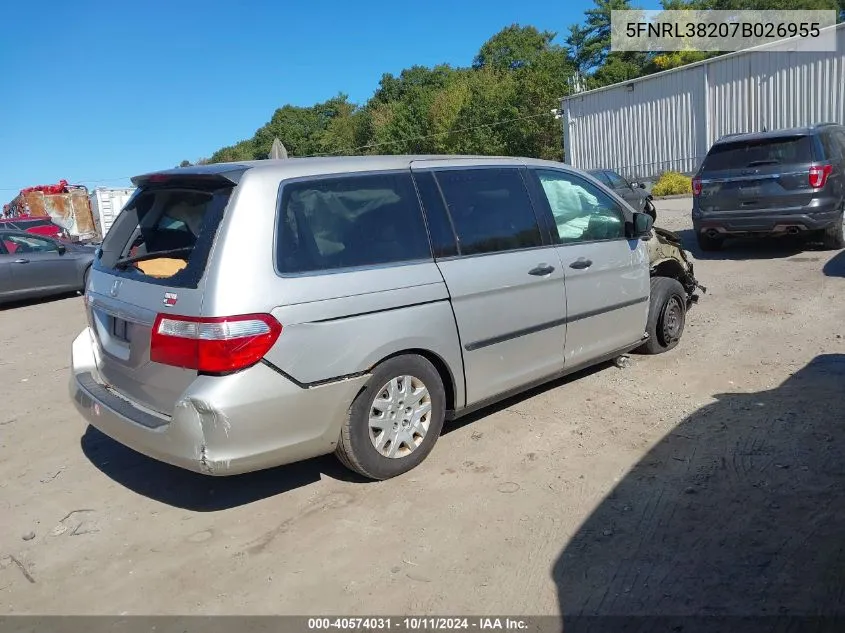 2007 Honda Odyssey Lx VIN: 5FNRL38207B026955 Lot: 40574031