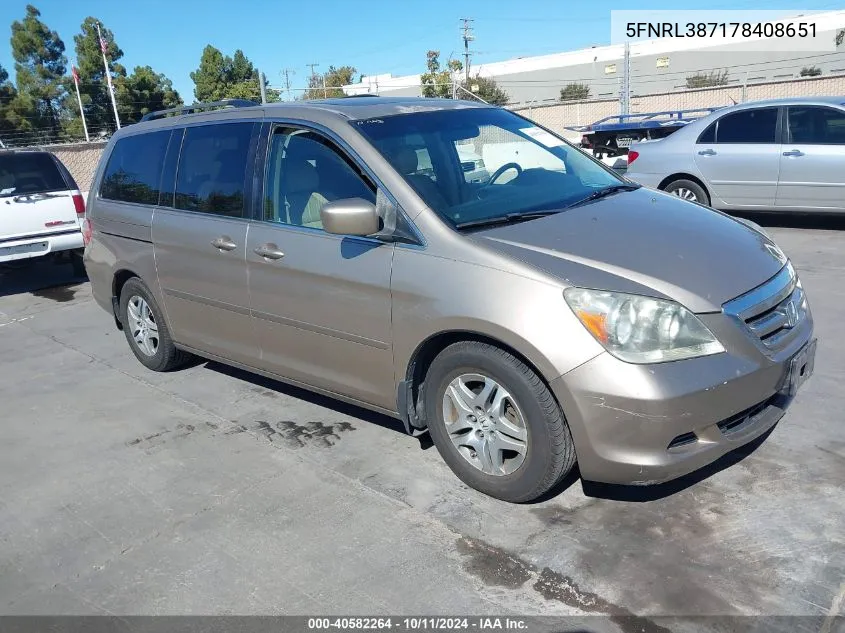 2007 Honda Odyssey Ex-L VIN: 5FNRL387178408651 Lot: 40582264