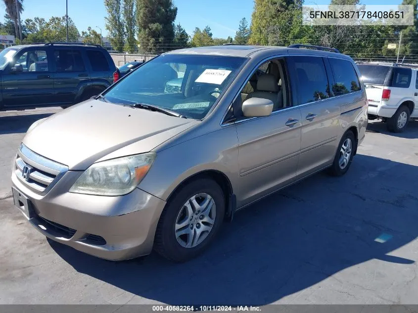 2007 Honda Odyssey Ex-L VIN: 5FNRL387178408651 Lot: 40582264