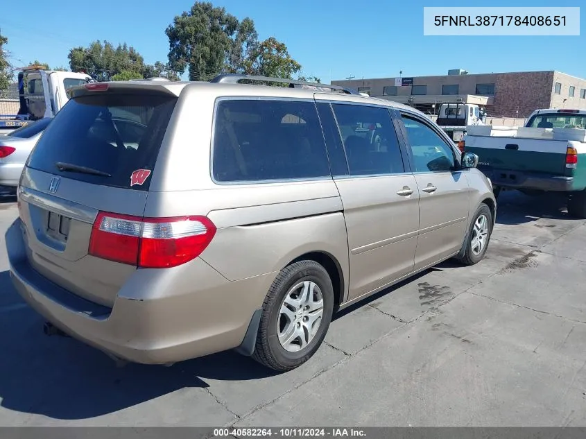 2007 Honda Odyssey Ex-L VIN: 5FNRL387178408651 Lot: 40582264