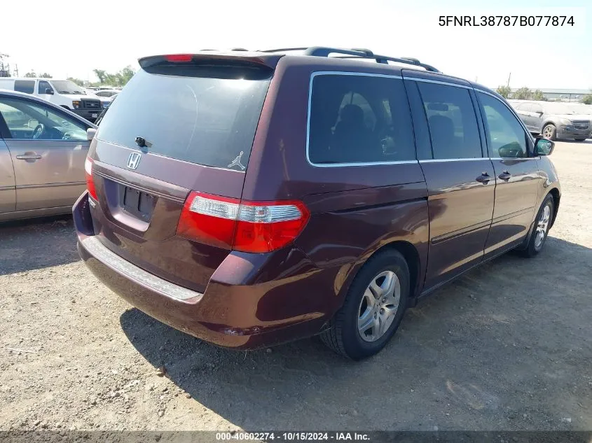 2007 Honda Odyssey Ex-L VIN: 5FNRL38787B077874 Lot: 40602274