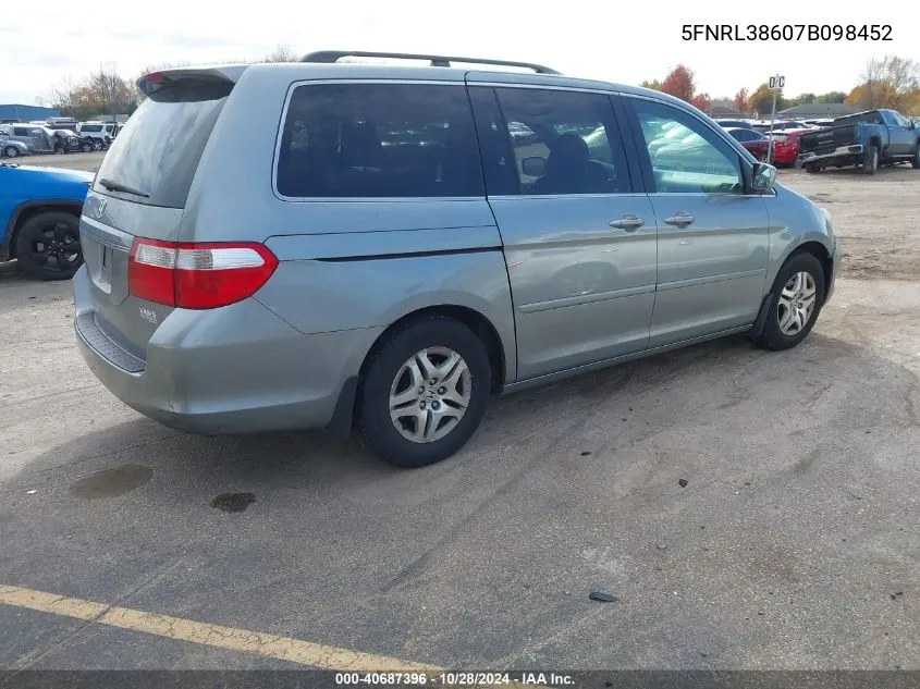 2007 Honda Odyssey Exl VIN: 5FNRL38607B098452 Lot: 40687396