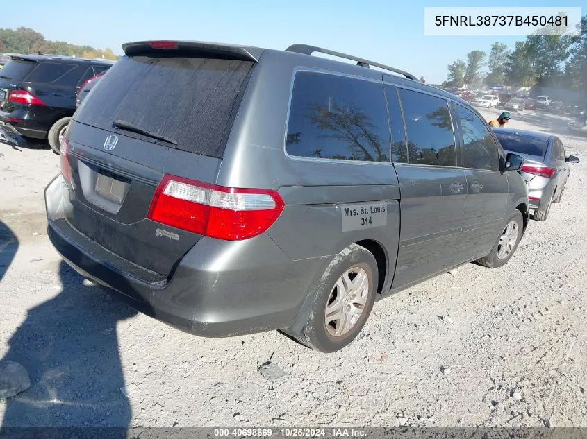 2007 Honda Odyssey Ex-L VIN: 5FNRL38737B450481 Lot: 40698669