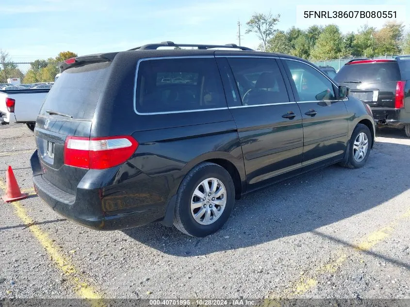 2007 Honda Odyssey Ex-L VIN: 5FNRL38607B080551 Lot: 40701995