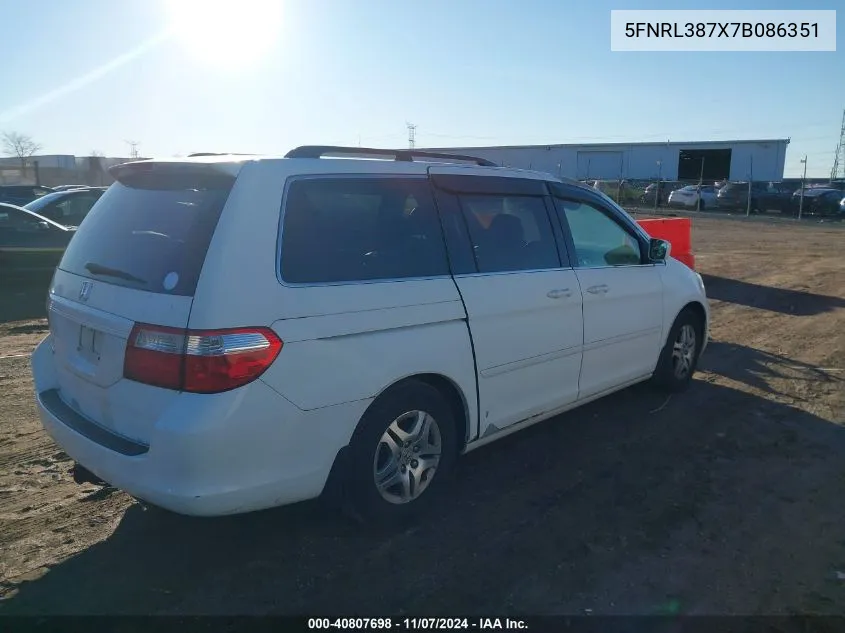 2007 Honda Odyssey Ex-L VIN: 5FNRL387X7B086351 Lot: 40807698