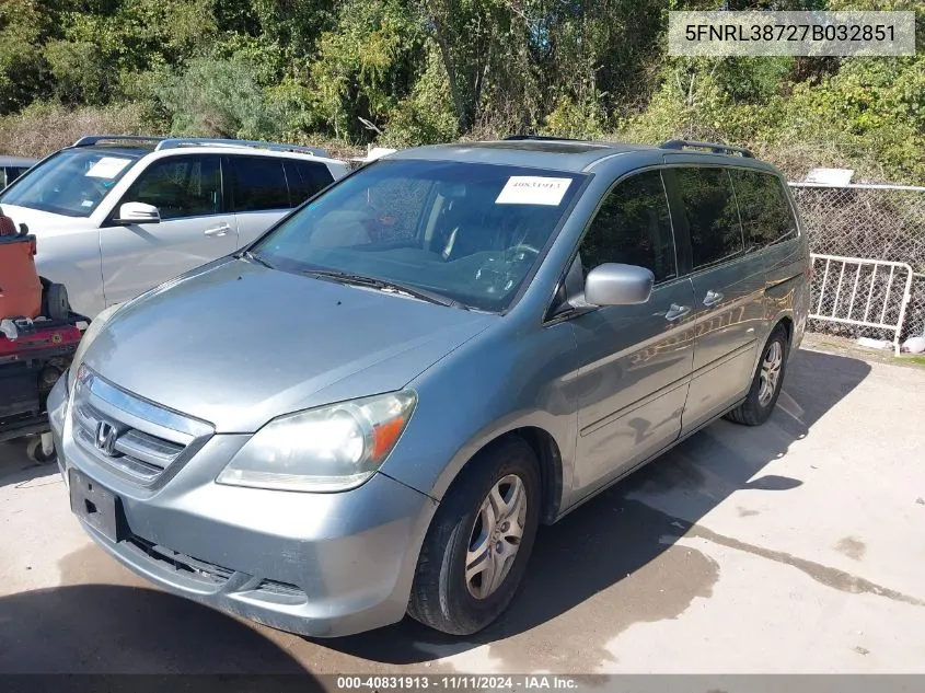 2007 Honda Odyssey Ex-L VIN: 5FNRL38727B032851 Lot: 40831913