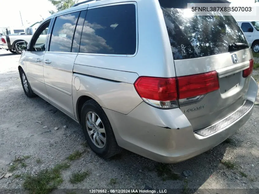 2008 Honda Odyssey Exl VIN: 5FNRL387X8B507003 Lot: 12070552