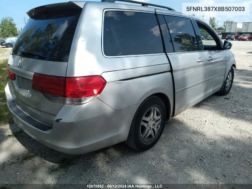 2008 Honda Odyssey Exl VIN: 5FNRL387X8B507003 Lot: 12070552