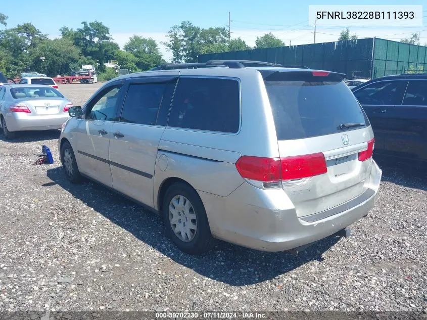 2008 Honda Odyssey Lx VIN: 5FNRL38228B111393 Lot: 40731860