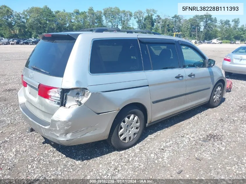 2008 Honda Odyssey Lx VIN: 5FNRL38228B111393 Lot: 40731860