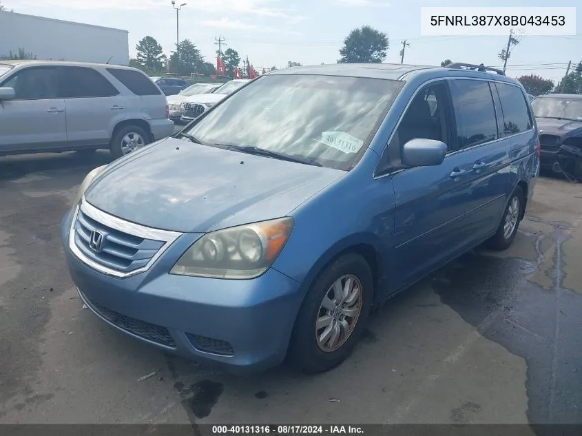 2008 Honda Odyssey Ex-L VIN: 5FNRL387X8B043453 Lot: 40131316