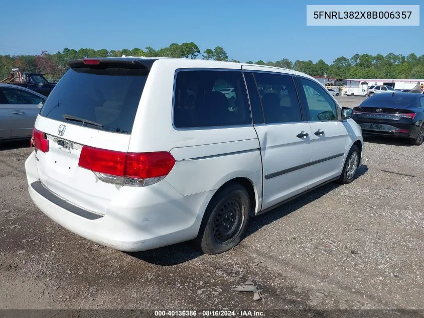 2008 Honda Odyssey Lx VIN: 5FNRL382X8B006357 Lot: 40136386