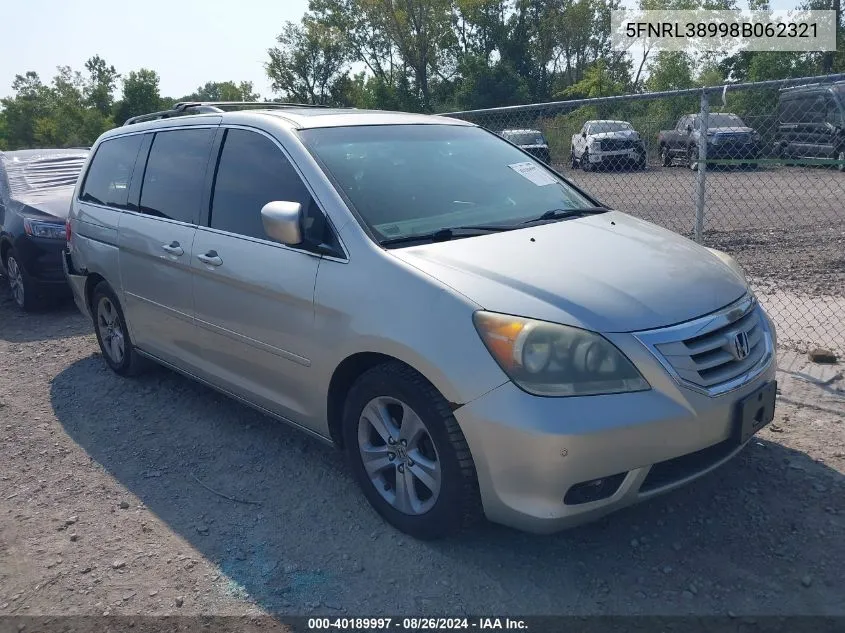 2008 Honda Odyssey Touring VIN: 5FNRL38998B062321 Lot: 40189997